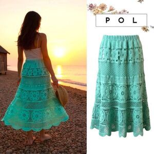 POL Skirt Aqua Lace Tiered Crochet Flowy Midi Maxi Boho Festival NEW